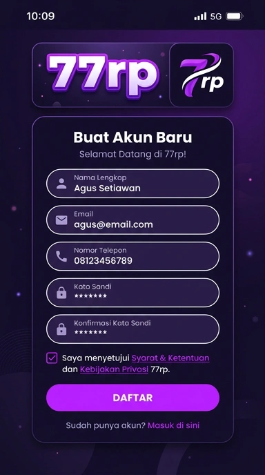 Tampilan halaman daftar 77rp