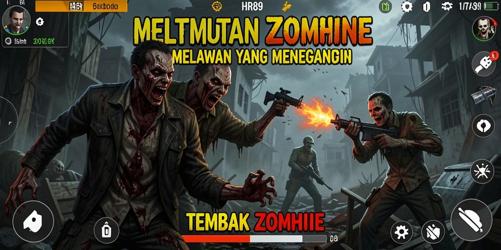 Tampilan antarmuka HR89 dengan aksi tembak zombie yang seru.